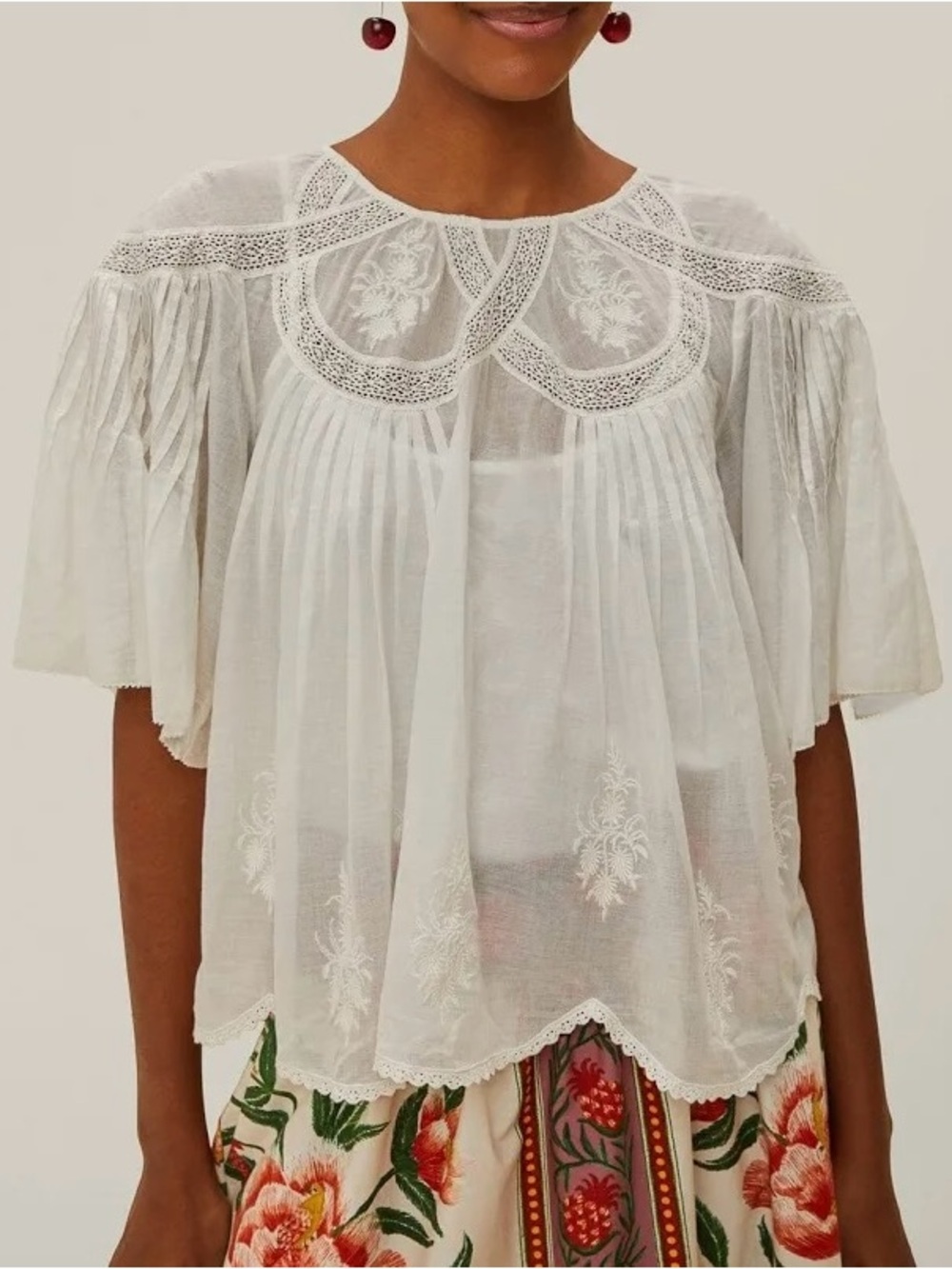 FARM Rio Off-White Embroidered Short Sleeve Blouse | XL | NWT